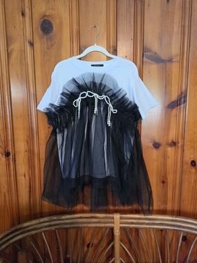 AKIRA White Short Sleeve Top with Black Tulle & Pearl Trim